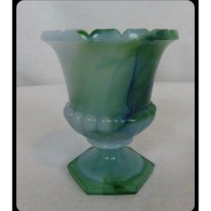 Vintage Akro Agate Blue Green Swirled Slag Glass Urn Toothpick Holder